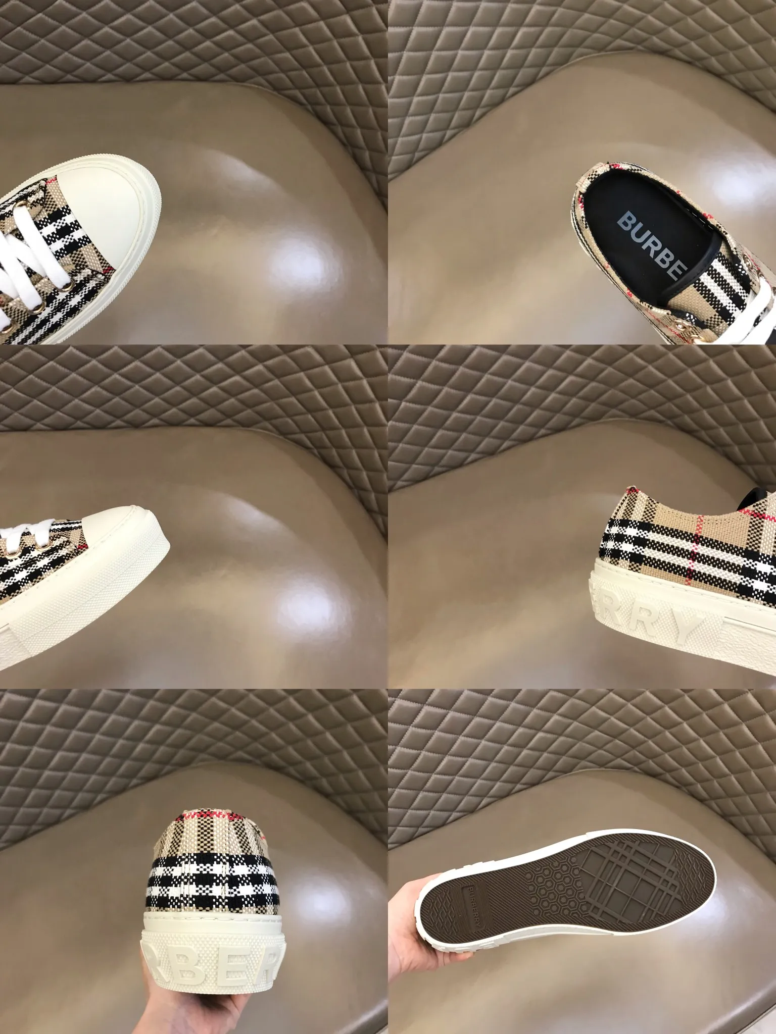 p400 "BURBERR*" men's classic low-top sneakers are reinterpreted in Vintage checked cotton material and decorated with a new brand logo. First-layer cowhide lining, embossed Burberry logo on the heel, and original TPU outsole! Size: 38-44 No. 068